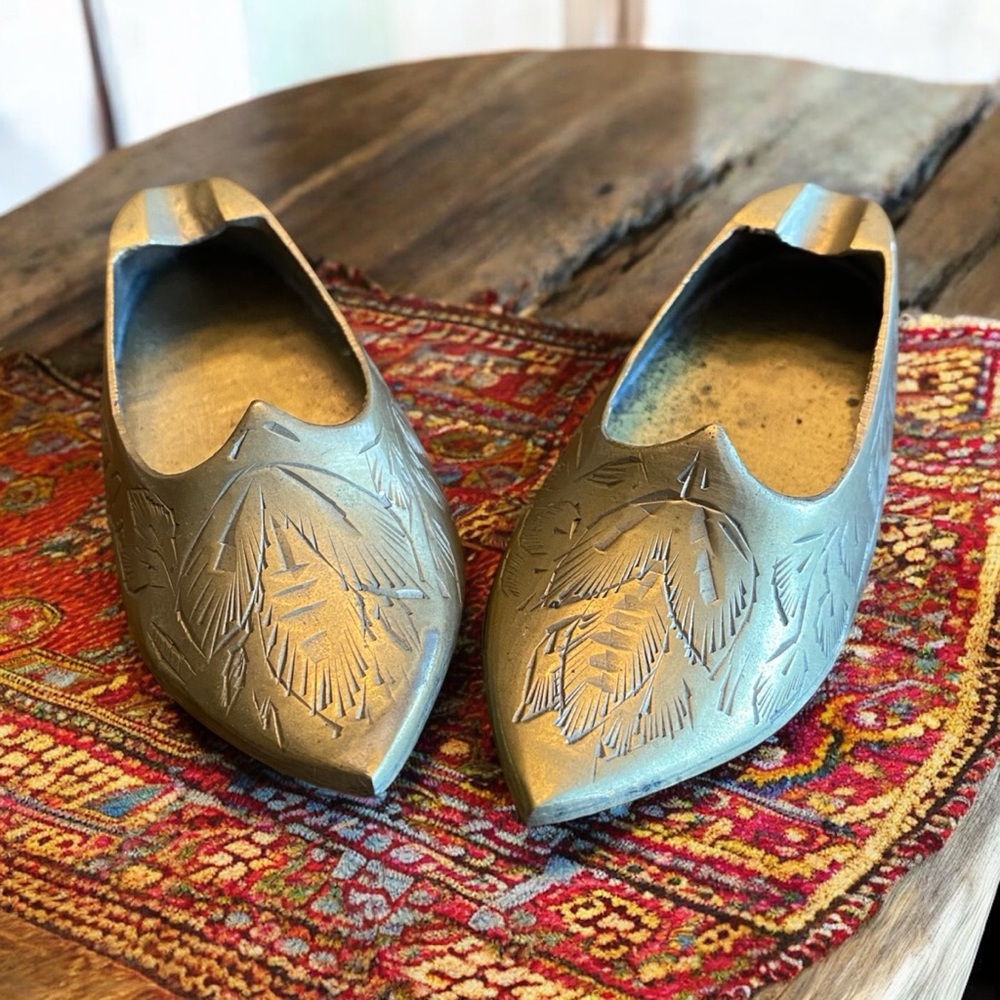VTG World Gift India Brass Shoe Ashtrays Incense Burners Pair MCM Boho